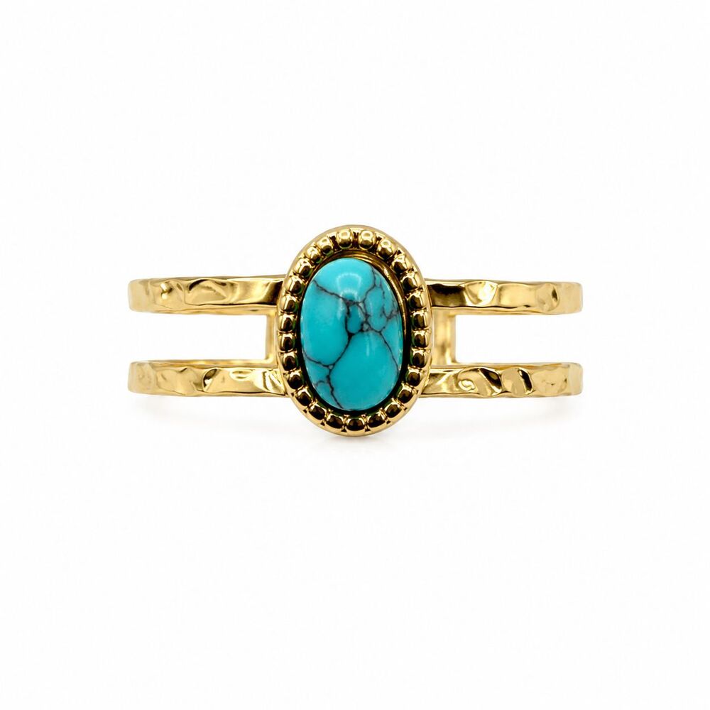 18K Gold Plated Stainless Steel Turquoise Hammered Open Statement Ring Boho NEW